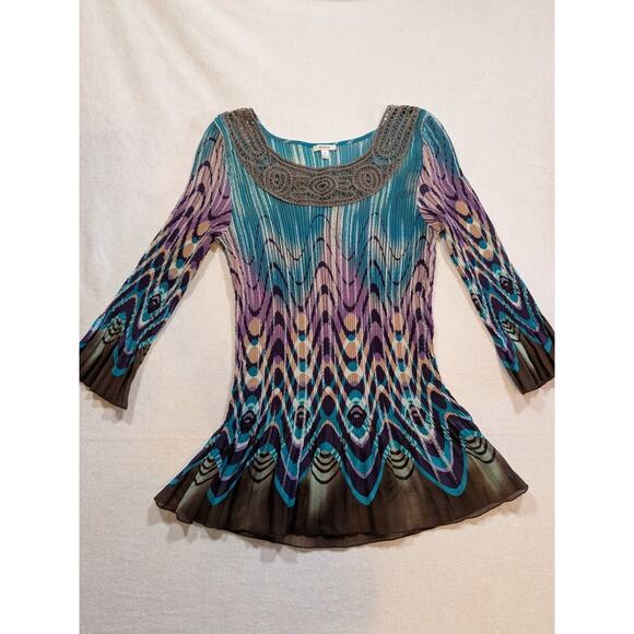 NICOLA Tops - Nicola multicolored blue purple abstract sheer lace quarter sleeve blouse size M